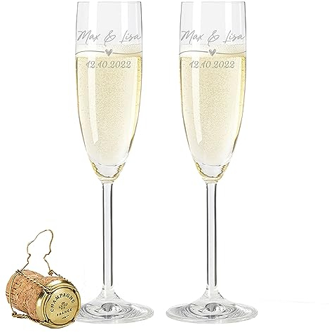 GRAVURZEILE Leonardo – Bicchieri da spumante con incisione – Wedding Love Design – Personalizzati con nome e data – Regalo per matrimonio, fidanzamento o anniversario – Colore: spumante
