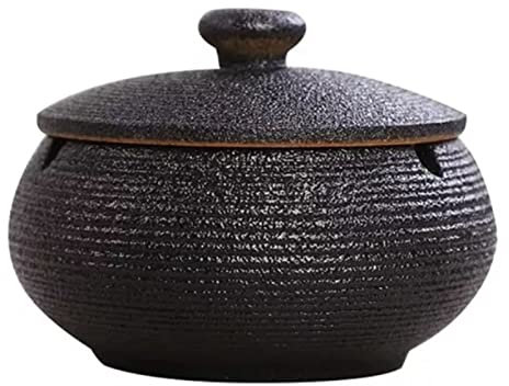 Glomora Windproof Ashtray for Patio with Lid - Handmade Ceramic Vintage Ashtray for Outdoor/Indoor Use (Black)