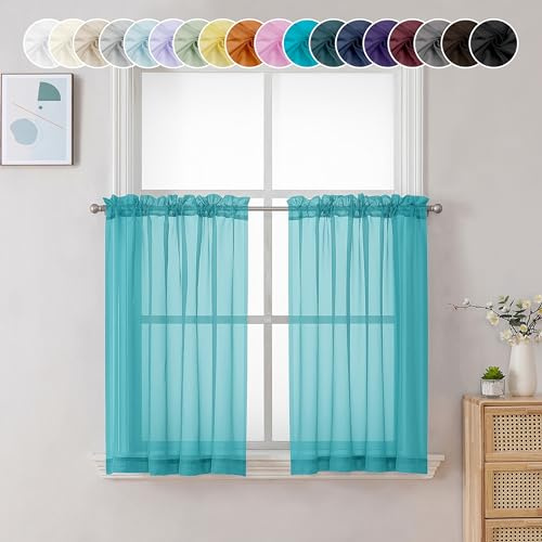 Chyhomenyc Tende a balze trasparenti, tende per finestre piccole, adatte a bagno, soggiorno, cantina, con tasca corta per asta, 107 x 61 cm (larghezza x lunghezza), 2 pannelli, colore turchese