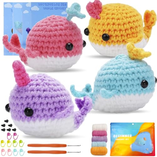 Happnear Häkelset für Anfänger, Wal Häkeln Starter Kit mit Schritt-für-Schritt-Video-Tutorials, Strickset für Anfänger, Häkelset für Erwachsene, Häkeltier-Set Geschenk
