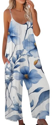 Azruma Sommer Outfits Damen, Festliches Outfit Damen Jumpsuit Damen Sexy Frauen Casual Blumenmuster Ärmelloser Jumpsuit Mit Taschen 80 Er Jahre Kostüm Damen Maleroverall(2-Blue,M)