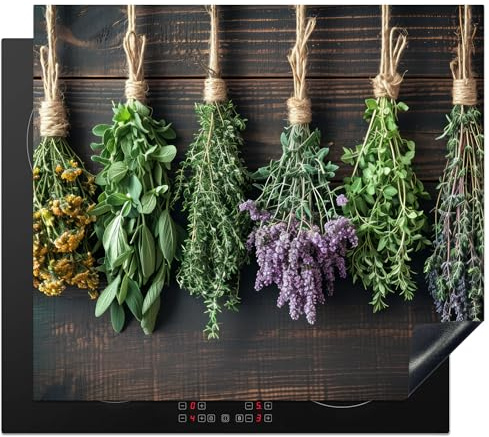 KitchenYeah© Herdabdeckplatte Einteilig Küche Ceranfeld Abdeckplatte | 59x52 cm - Cerankochfeld Abdeckung Induktionskochfeld Schutzmatte Pflanzen - Holz - Blumen - Trocknen