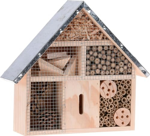 Hotel de madera para insectos de 28 cm para jardín con techo de metal, refugio de anidación al aire libre para insectos, abejas y mariposas, adorno de jardín de abejas, insectos y casa de insectos,