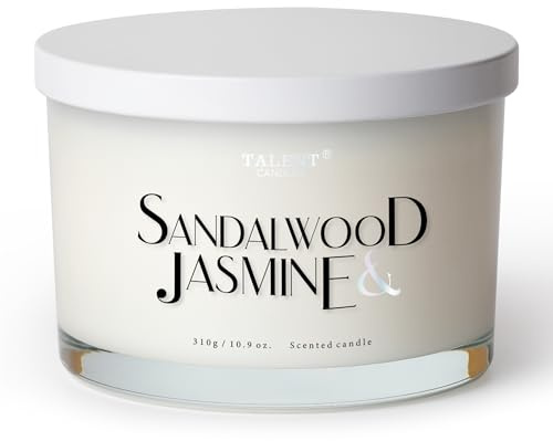 Duftkerze, TALENT Candles, 100% natürliches Sojawachs, 3 Dochte, Duftkerzen als Geschenk für Frauen und Männer, Aromatherapie, Einweihungskerzen, 10,93 oz Glaskerze, Sandelholz und Jasmin
