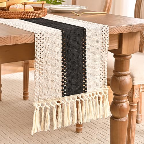 Caminos de Mesa Moderno Estilo Bohemio Tapetes para Mesa Costuras Bicolor Estilo Macramé Camino de Mesa Negra Marfil 30X140CM Utilizado para el día Decoración de Mesa de Boda y Cena de Cumpleaños
