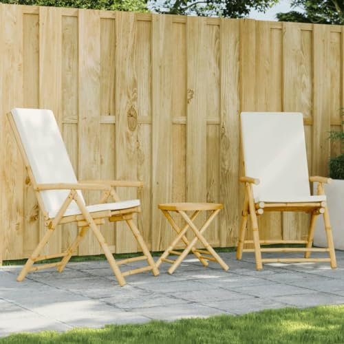 Tidyard 3-TLG.Bistro-Set Bistroset Balkonset Sitzgruppe Gartenmöbel Garten Gartenmöbelset Bistrotisch Stehtisch Balkonstuhl für Garten,Balkon,Terrasse Klappbar mit Cremeweißen Kissen Bambus