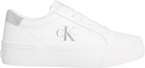 Calvin Klein Sneaker con Suela Vulcanizada Mujer Silver Logo Tag con Logotipo, Blanco (Bright White/Silver), 38