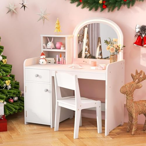 Kids Vanity Table and Chair with Lights, 2 in 1 Girls Dressing Table with 2-colored LED Mirror Drawer Storage Shelves, Toddlers Makeup Pretend Play Toy Gift (White)