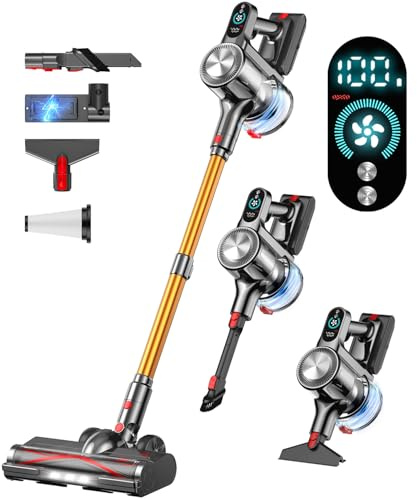 Cordless Vacuum Cleaner, 45Mins Vacuum Cleaners for Home with LED Display, Stick Vacuum Cordless Rechargeable, Wall-mounted Charging, Wireless Vacuum for Home Pet Hair, Carpet, Hardwood Floor