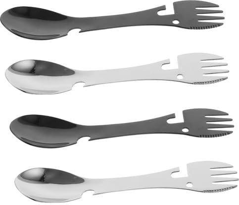 HONMEET 4stücke Camping-löffelwender Edelstahl Mit Flaschenöffner Wiederverwendbares Besteck Für Picknick Und Reisen Inklusive Löffel-gabel Und Multifunktionsgabel Für Outdoor-aktivitäten