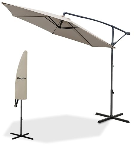 KEPLIN 3M Cantilever Garden Parasol, Garden Umbrella with Crank Handle & Cover, UV Protection, Water-Repellent Polyester, Powder-Coated Pole, 6 Ribs Garden Parasol, Cream