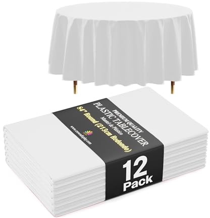Exquisite 66% Thicker Premium White Round Tablecloth 0.5 Mil 12 Pack Plastic Table Cloth Disposable 84 Inch Round Plastic Tablecloth Won't Tear Easily Like Cheap Thin Brands