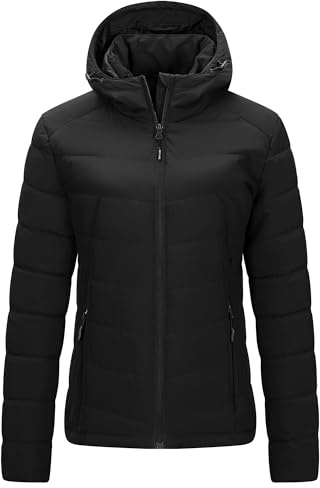 Outdoor Ventures Women's Winter Puffer Jacket Quilted Padded Coat Transitional Insulated Hooded Jackets Windproof Outerwear for Hiking Travel Skiing Black L