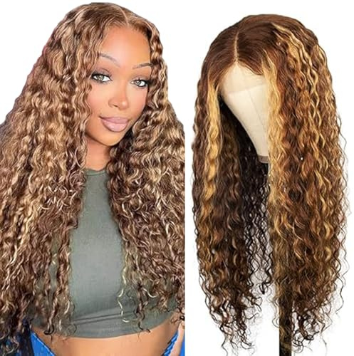 Tuheerst Deep Wave Human Hair Wig Blonde Echthaar Perücke Damen P427 Highlight 4X4 Lace Brasilianisches Echthaar Glueless Wear and Go Pre Bleached Knots with Baby Hair for Woman 20 Zoll