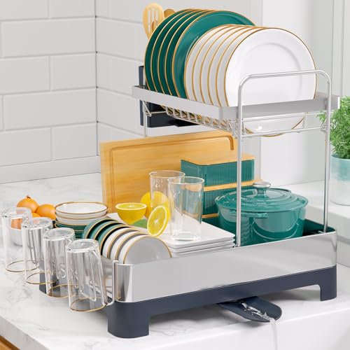 Kitsure Abtropfgestell Geschirr – 2-Tier rostfreies Abtropfgestell mit Besteck- und Tassenhaltern, platzsparendes Geschirrabtropfgestell für Küchenarbeitsplatten, 38,0 x 32,0 x 44,5 cm, Dunkelgrau