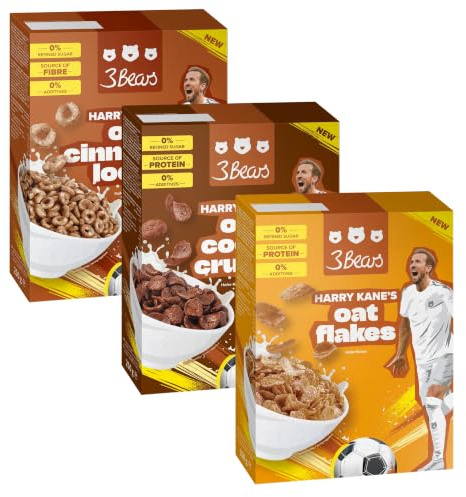 3Bears Cereals Set – 3 Sorten Cerealien mit Hafer, Zimt & Kakao – vegan, ohne Industriezucker & Zusatzstoffe – Ballaststoff- & Proteinquelle – entwickelt mit Harry Kane