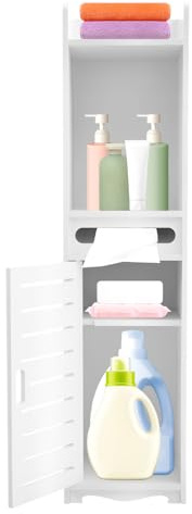 Repomanda Badezimmerschrank Schmal 80cm Hoch mit Tür & Regal – Weißer Badschrank Stehend aus PVC mit Papierfach & Ablage für Badezimmer Aufbewahrung