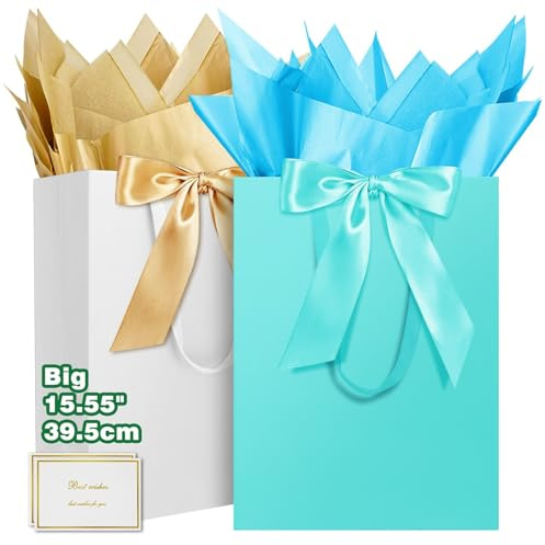 HONTIUS 15.75 Sacchetto Regalo, Quadrato Sacchetti Regalo, Busta regalo grande con Carta Velina e Carte, 40 * 30 * 12.5cm Borsa Regalo Compleanno per Damigella d'onore Festa di Nozze 2 pezzi H