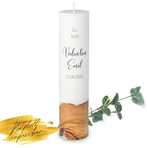 MOMENTU® Taufkerze personalisiert Holzelement Schlicht Ø6 x 25 cm - [Docht] Taufgeschenk für Jungen und Mädchen, Schriftzug, beliebiger Text, selber machen gestalten, nachhaltige Rohstoffe