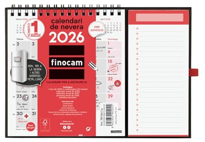 Finocam Magnetkalender Monatsansicht Januar – Dezember 2026 (12 Monate) | Magnetischer Kühlschrankkalender | Neutraler katalanischer Monatsplaner