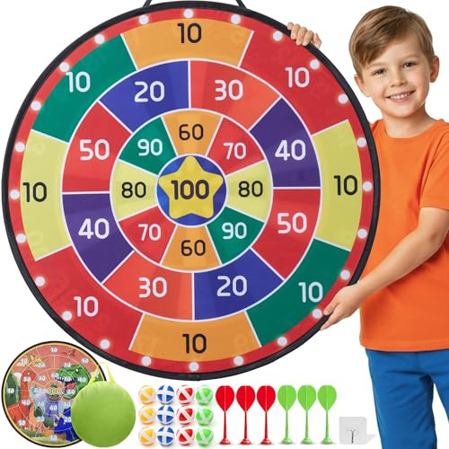 Cheerful Children Toys Jumbo Kids Dart Board Set XL or XXL, Large Dart Board with Reversible Designs, 16 Sticky Balls & 6 Darts - Indoor & Outdoor Garden Games for Ages 3-8 (Dinosaur-2, 73cm)