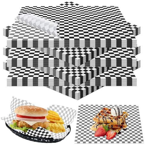 APACALI 500PCS Greaseproof Paper Sheets 30 x 30cm, 11.8 x 11.8 Food Grade Wax Papers Sheets, Food Wrapping Papers for Sandwich, Hamburgers, Fries, Cake Baking, Black & White