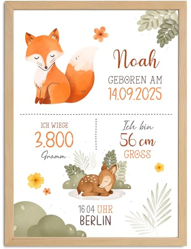 SpecialMe® Baby Poster mit Geburtsdaten und Tieren Koala Bär Fuchs Rehkitz Geschenk zur Geburt Taufe Deko Babyimmer