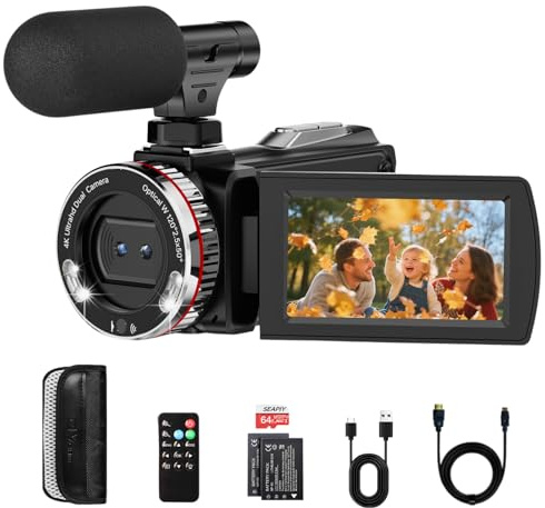 Euiivnt 4K Camcorder Video Camera, Vlogging Camera for YouTube with External Mic, Digital Zoom & 3.0” Flip Screen, 2 Batteries, 64GB Card & Remote Control (64MP CAM)