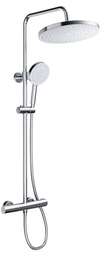 HOROW Duschsystem mit Thermostat, Duscharmatur Komplettset mit XXL 30 cm Großem Kopfbrause Rund & 5 Modi Duschkopf, Regendusche mit Armatur Chrom, Wassersparend, Duschsetit Thermostat