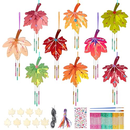 SRIZIAN 9 Pièces Kit Bricolage Carillon à Vent, Kit de Bricolage en Bois pour Enfants Feuille d'érable en Bois à Peindre pour la Décoration d'automne du Jour de Thanksgiving