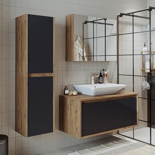 ROOMART • Set di mobili da bagno • Atlantic • 4 pezzi • Mobile da 100 cm con lavabo in ceramica • Armadio a specchio • Armadio alto (rovere antracite)