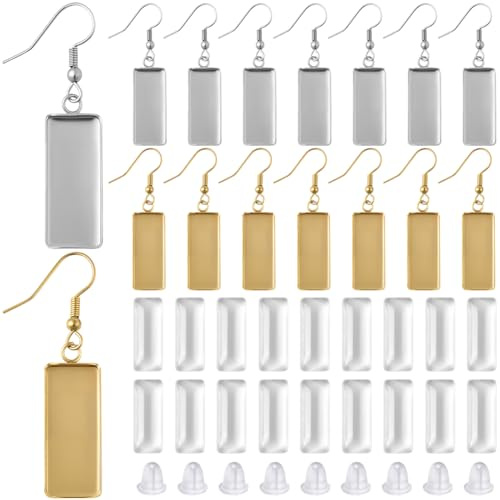 SOFPLATE 1 Box 60 Stück Ohrring Rohlinge Tablett Lünetten Set Ohrring Rohlinge 10x25mm Rechteckige Anhänger Tabletts Mit Glas Cabochon Einstellungen Silikon Ohrverschlüsse Für Schmuckherstellung Zube