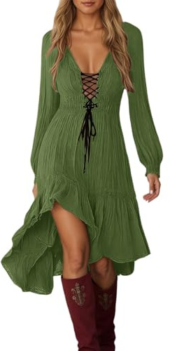 Robe médiévale pour femme avec lacets - Robe à manches longues avec col en V et ourlet asymétrique - Robe bohème romantique pour fête et festival, Style R01 vert armée, M