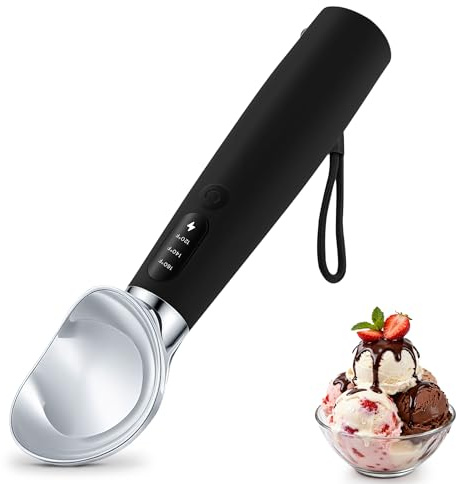 VRAIKO Cuchara de helado calentada | Cuchara de helado caliente con 3 niveles de calor ajustables - 50/60/70 °C, pantalla LED, capacidad de 2600 mAh, recargable | para helado duro y más (negro)