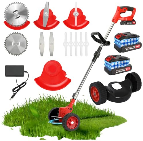 Rasentrimmer mit Akku, Elektro Rasenmäher 24V mit 2 Akkus, 3 Klingenarten und verstellbaren Rädern, 90° Schneidkopf, Freischneider Akku, Rasenkantenschneider, Trimmer für Garten (Rot)