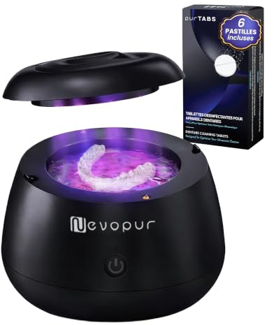 Nettoyeur Ultrason Appareil Dentaire purDENTAL by NEVOPUR – 48 kHz UV, Bac Inox 200 mL – Nettoyant Gouttière, Dentier, Prothèse, Aligneur – 6 purTABS inclus (tablettes nettoyantes)