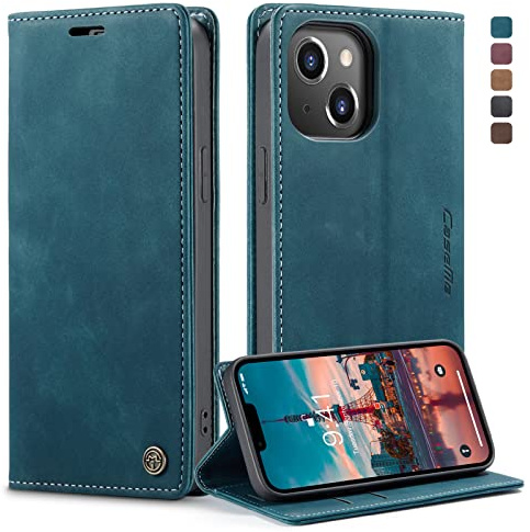 KZB für iPhone 14 Hülle, Magnet Leder Klapphülle Stoßfest | Retro PU Leder, 2 Kartenfach, Standfunktion, Schutzhülle, Flip Case, Handyhülle für iPhone 14 6,1'', Blaugrün