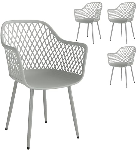 Outsunny Juego de 4 Sillas de Jardín Exterior, Sillas Terraza Exterior con Respaldo Diamante, Asiento de PP Anti-UV, Reposabrazos y Patas Metálicas, para Terraza, Balcón, 56x51x84 cm, Gris