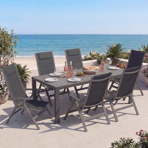 Devoko Gartenmöbel Set 6 stühle mit Tisch, Bestehend aus 1 Aluminiumtisch und 6 Klappstühlen für balkonmöbel. 1 x 189 cm Gartentisch mit Holzmaserung, Terrassenmöbel-Set, Dunkelgrau.