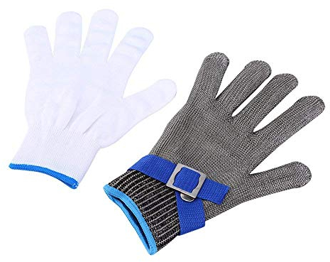 Guanti antitaglio taglio resistente in acciaio inox metallo tessuto a rete 1 pezzi adatto per entrambi protezione per la mano sinistra e destra gradi 5, Metallo, Large