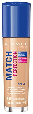 Rimmel Match Perfection Foundation 001 Fair Porcelain, Medium Coverage, 24hr Hydration, No Caking or Creasing, Lightweight, Reduces Imperfections, Invisible Coverage, SPF20, Cruelty Free