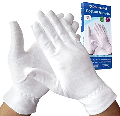 Dermrelief Cotton Gloves - for Beauty, Dry Hands, Eczema, Dermatitis and Psoriasis (Large, 3 Pairs)
