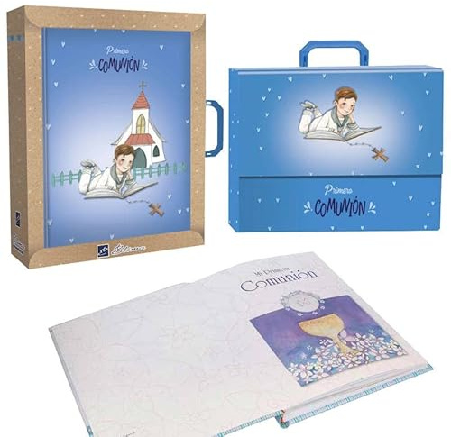 Libro de firmas Mi Primera Comunión niño Leyendo en la Puerta de la Iglesia. Recordatorio para la celebración de una Primera Comunión.