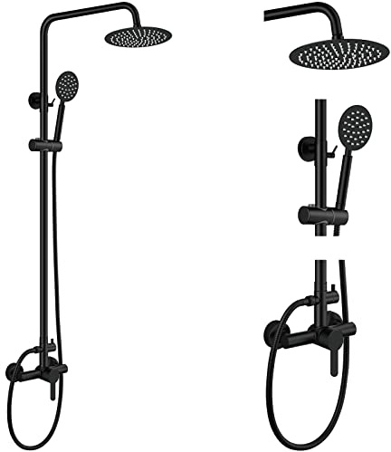 Aolemi Außendusche Wasserhahn Mattschwarz SUS304 Duscharmatur Combo Set Edelstahl 20,3 cm Regenduschkopf Kit Einhandgriff Hochdruck-Handbrause Wandhalterung 2 Doppelfunktion Einzelgriff