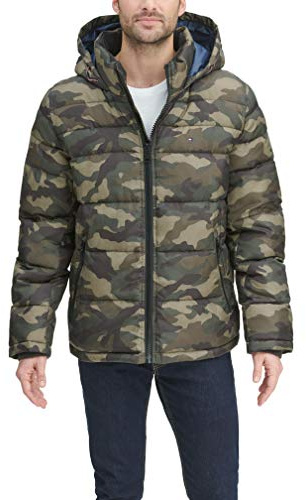 Tommy Hilfiger Hooded Puffer Jacket (Standard and Big & Tall) Abrigo Alternativo Largo, Camuflaje, M para Hombre