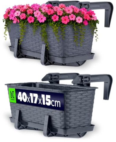 KADAX Fioriera 40cm per Ringhiera in Plastica, Vaso da Appendere al Balcone Completo di Sottovaso e Portavasi, Ideale per Piante da Esterno (Grafite)