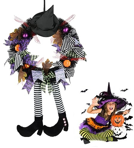 Halloween Wreaths for Front Door, Halloween Witch Wreath with Hat Witches Legs Pumpkin, Halloween Door Wreath Black Witch Wreath for Door,Porch,Window,Indoor and Outdoor Decor