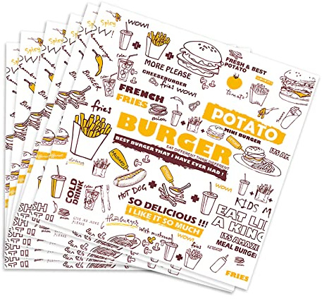Greaseproof Paper Sheets, 100PCS Baking Wrapping Paper Baking Paper Sheets Food Basket Liners for Deli Breads French Fries Sandwiches Pizza Burgers Hot Dogs (11.22x11.6inch)