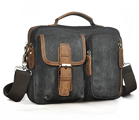 Le'aokuu Umhängetasche aus Segeltuch und echtem Leder für Herren, wasserdicht, Umhängetasche, Schultertasche, Tragetasche 036 (Schwarz)