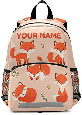 Mnrsuu Benutzerdefinierter Namens-Rucksack, personalisierter Kinder-Rucksack für Jungen und Mädchen, Tier, Fuchs, Wald, Orange, Rucksack für Kindergarten